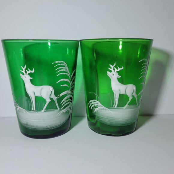 Vintage Mary Gregory Green Glass Tumblers With White Deer Design Set Of 2 - Picture 1 of 8